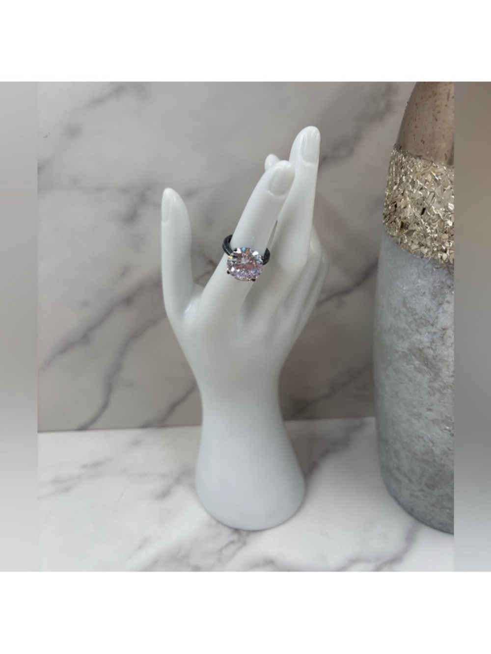 Bottega Veneta Blackened Silver Braided Band Ring with Clear Stone - Picture 3 of 4